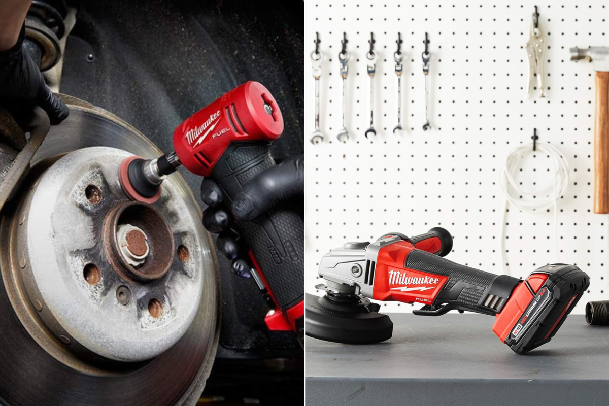 A man grinding on a brake rotor, and a cordless grinder sitting on a workbench with other tools on pegboard.