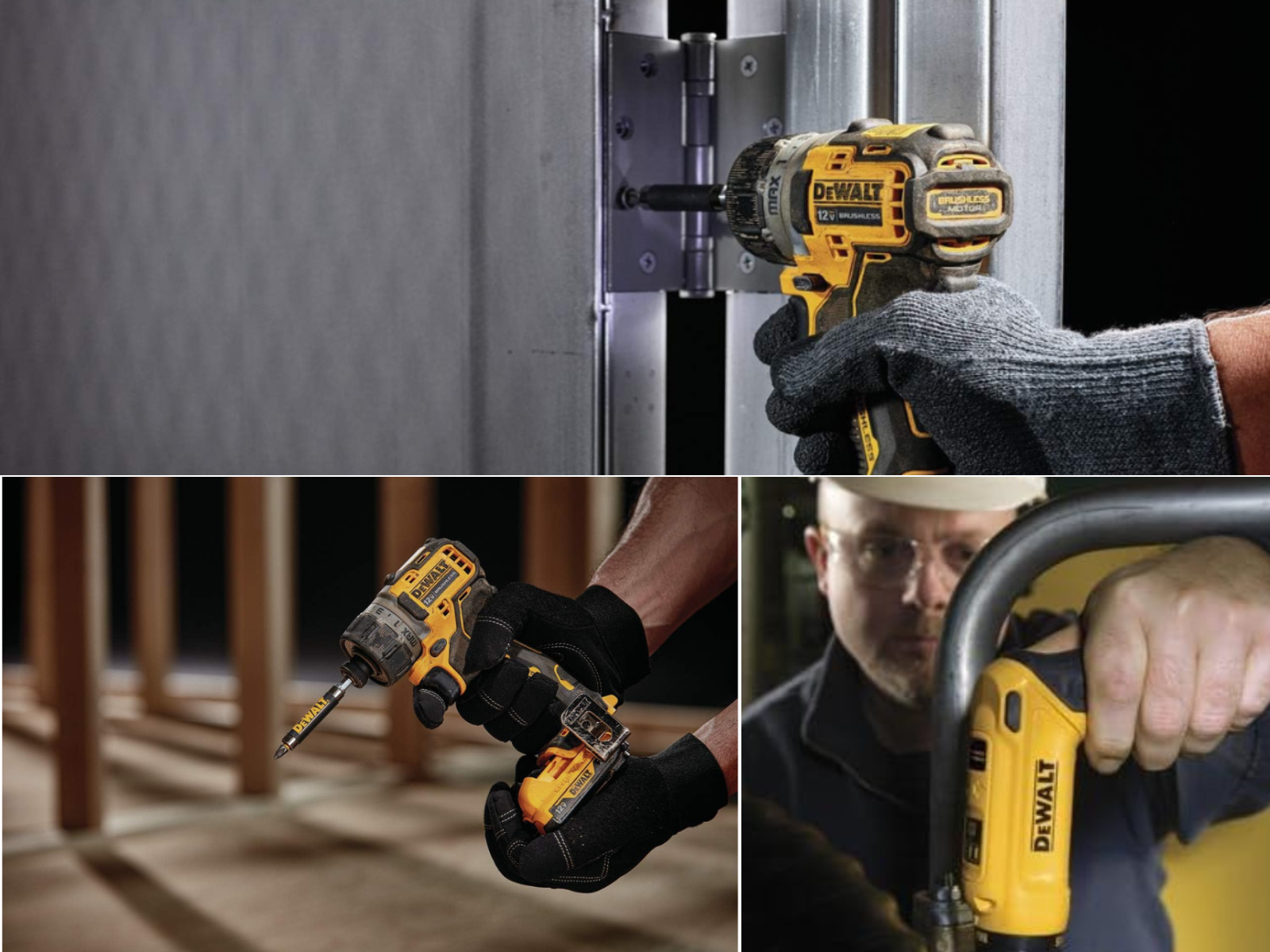 A man showing his DeWalt screwdriver, another using a gyro screwdriver, and a man tightening door hinge screws.