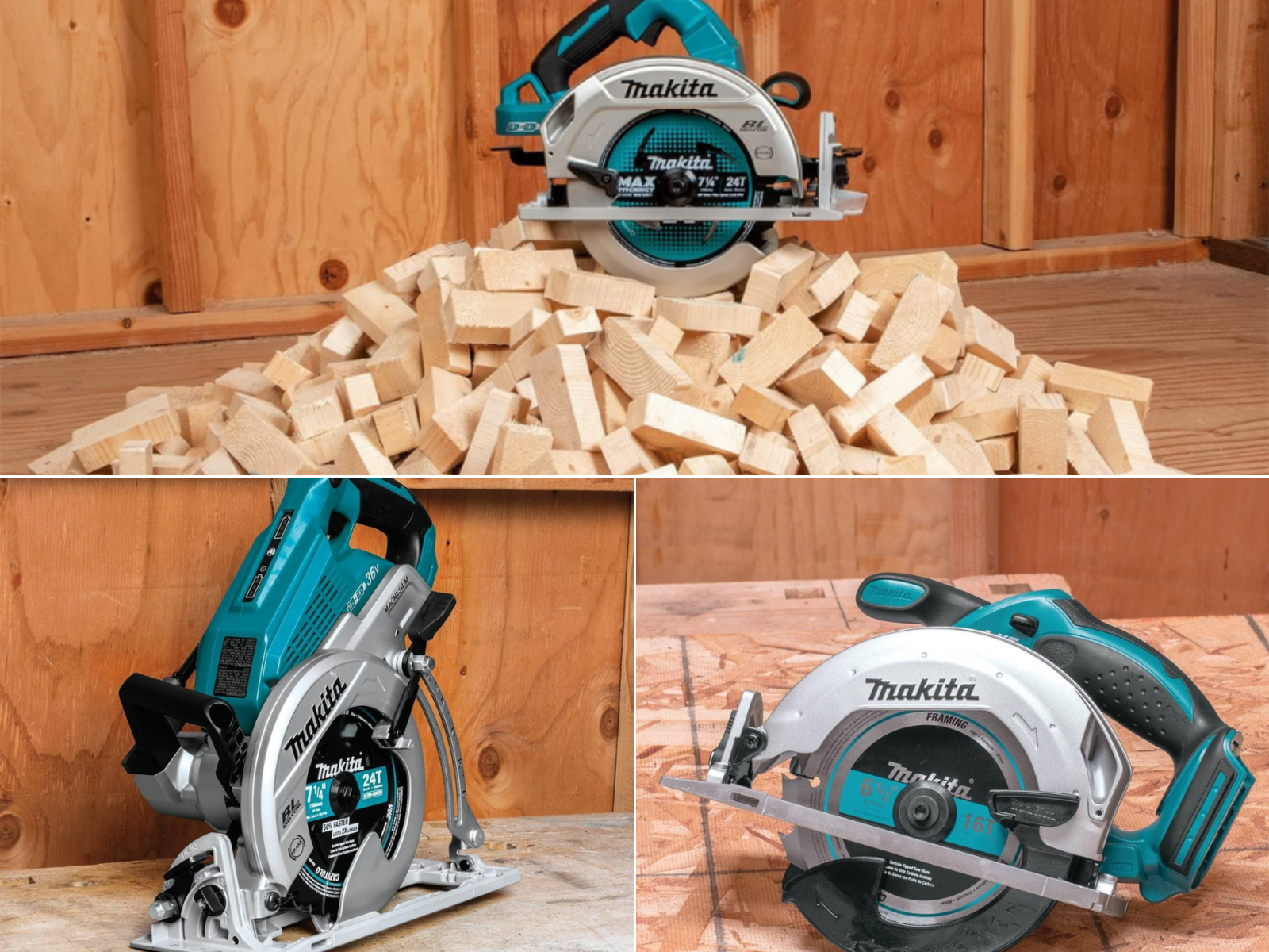 A Makita saw on a wood pile, a cordless saw on chip board, and a rear handle Makita saw.