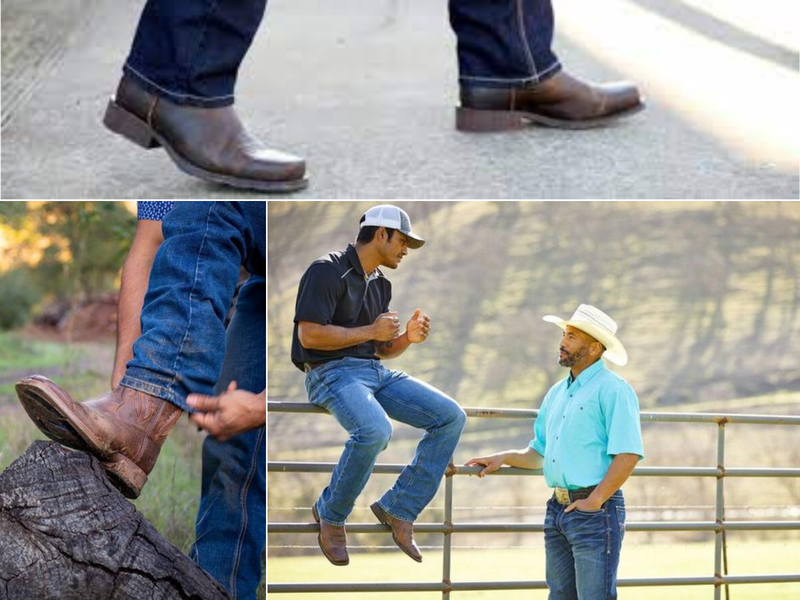A guy pulling down jeans over his boots, another mans feet as he walks in Ariat's, and men talking while 1 sits on a fence.