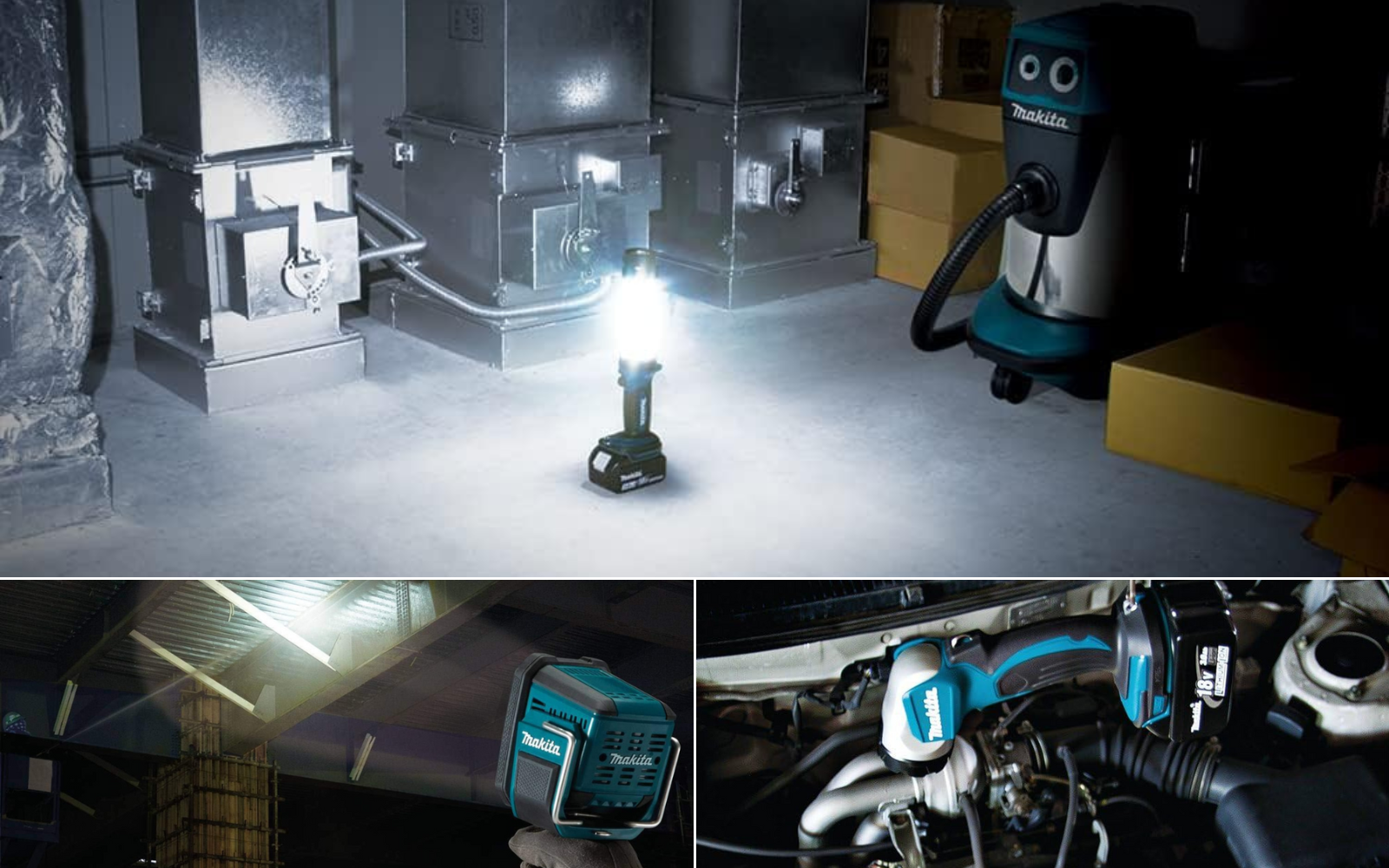 A Makita lantern, and a spot beam in a basement, and a small flashlight hanging from a car hood.