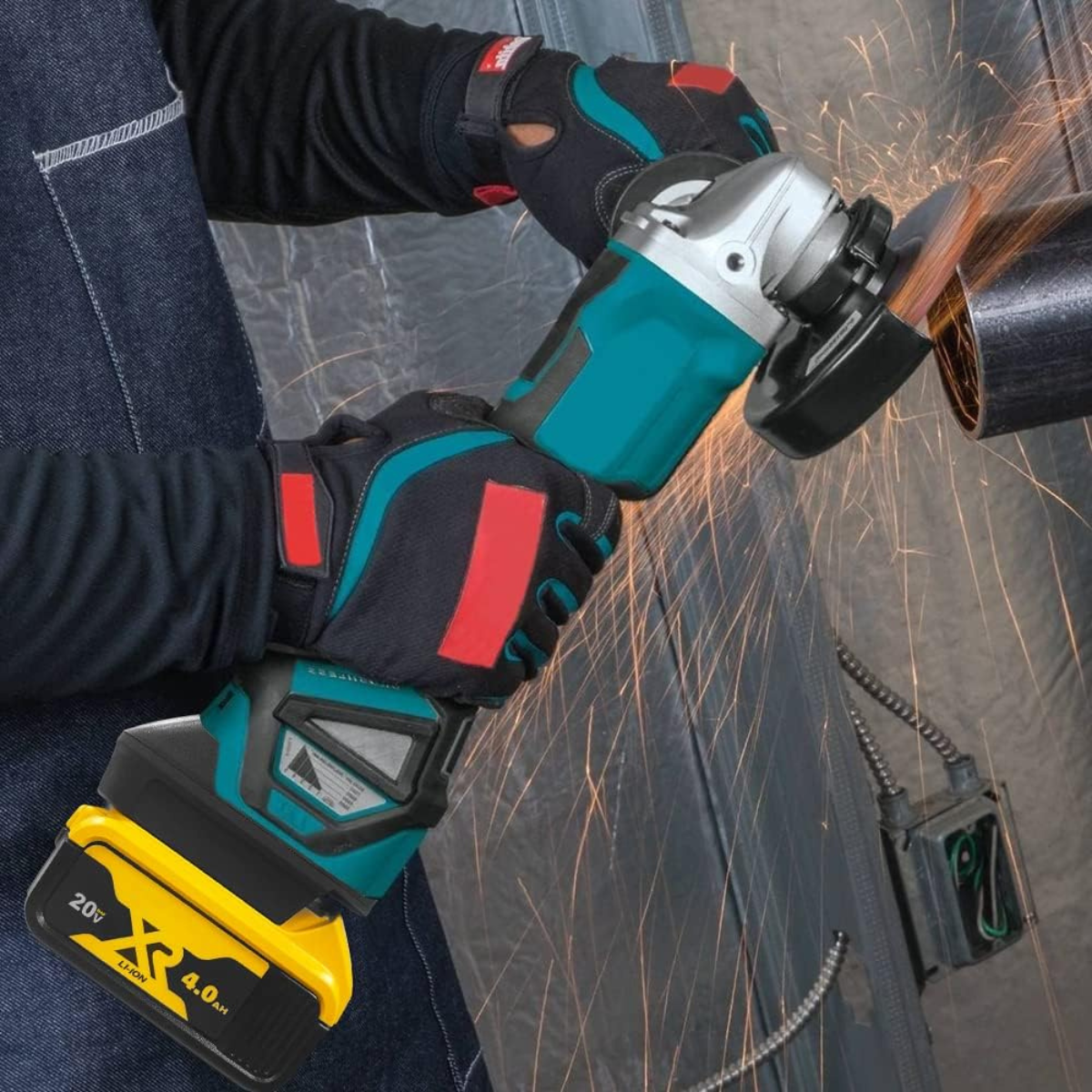 A man using a Makita 18V cordless grinder with a DeWalt cordless 20V battery.