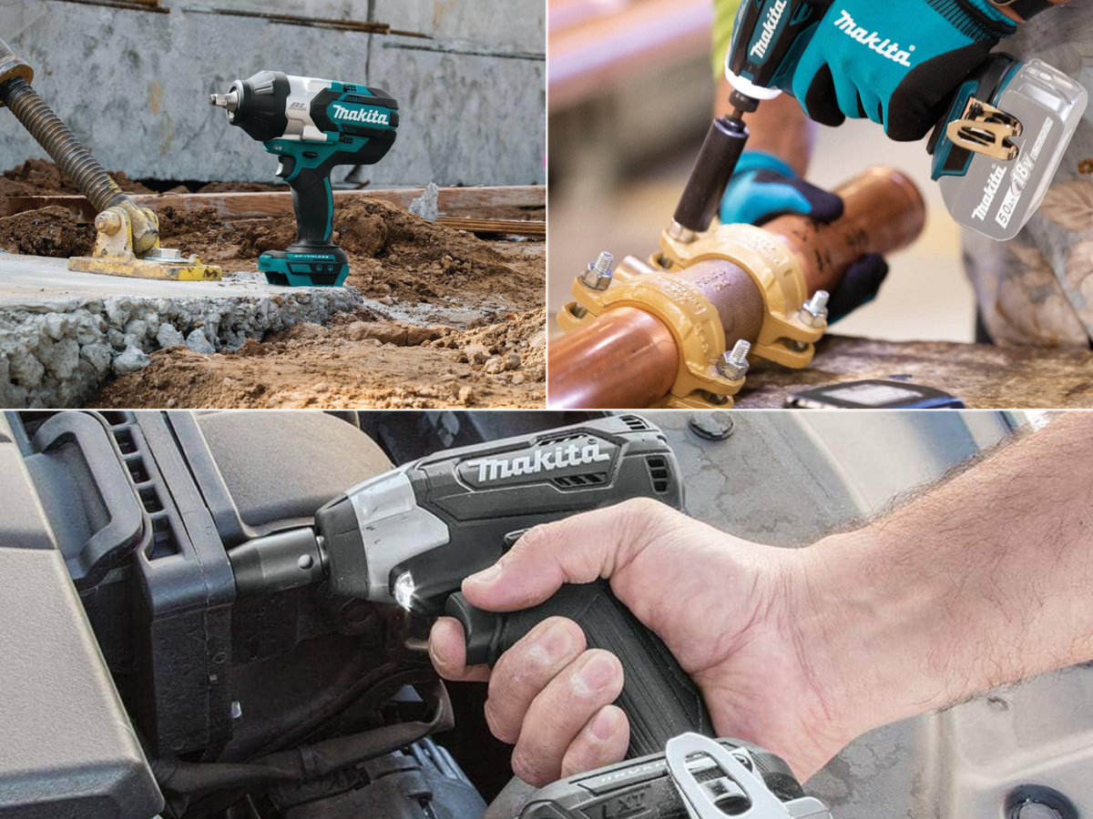 A 1/2" drive Makita impact sitting on a construction site, a man tightening clamps, and another working on a car.