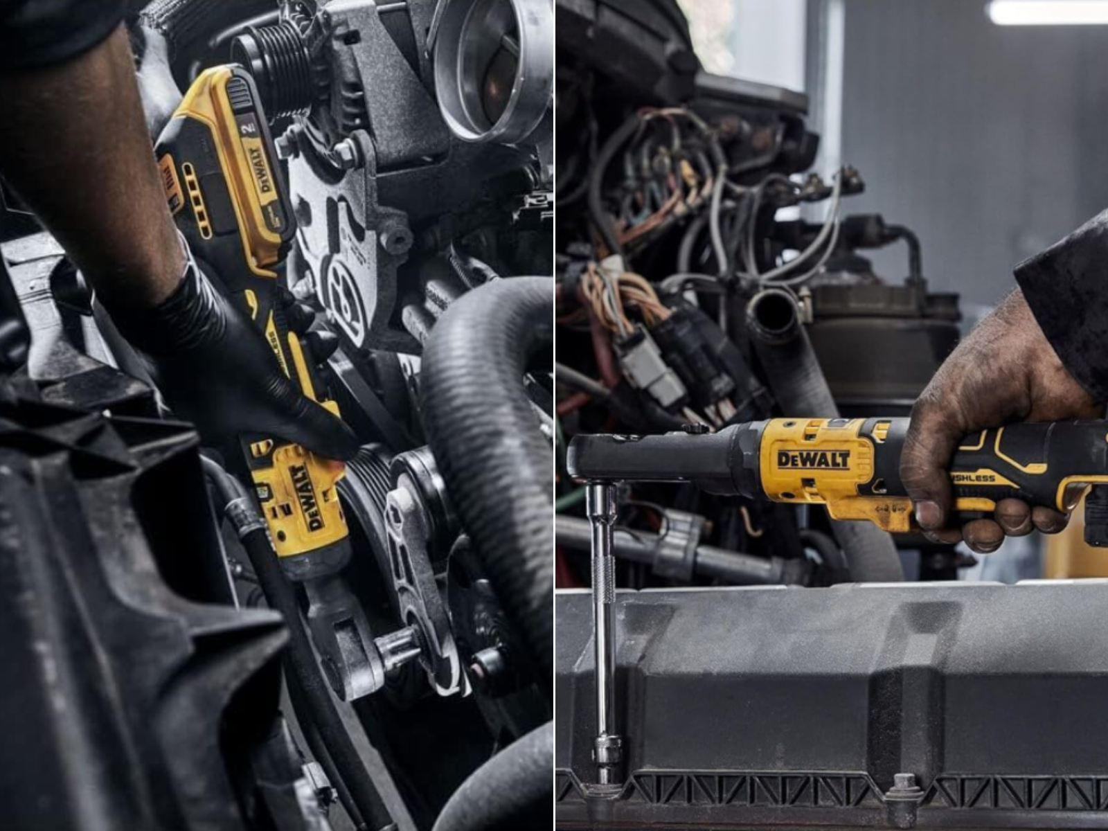 A man working on a car engine, and a man working on a semi truck engine with a DeWalt  Ratchet.