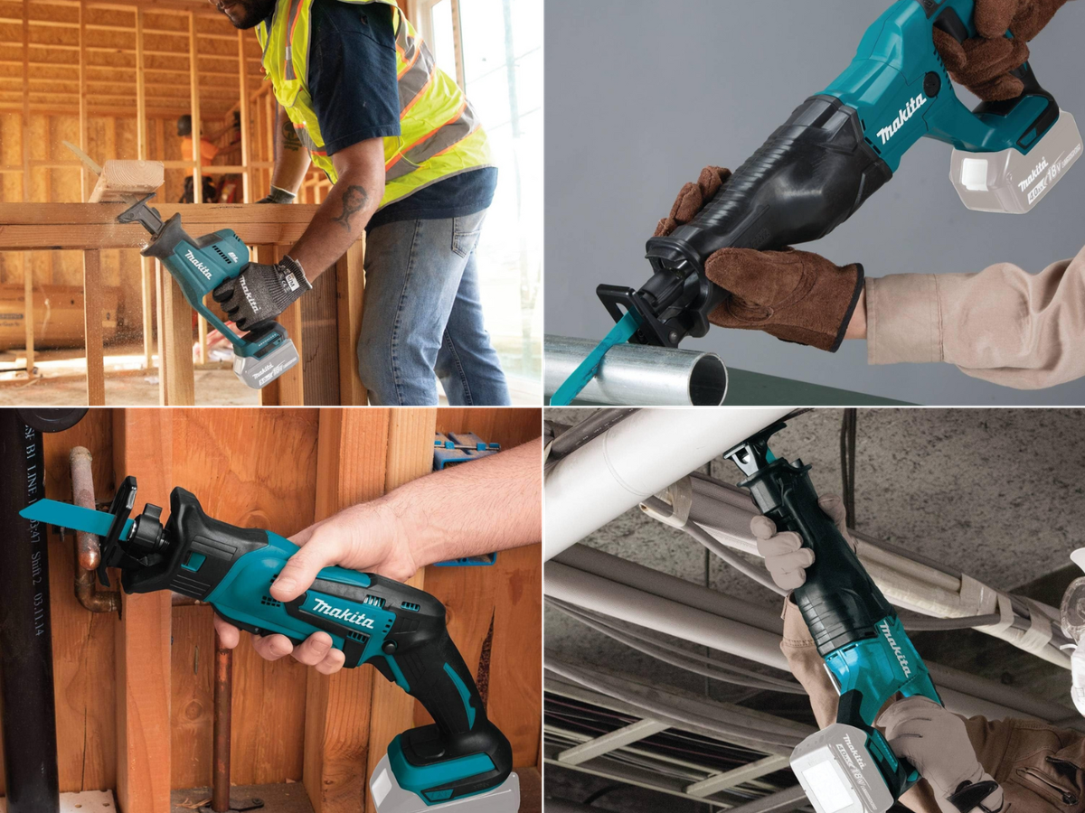 Four pictures of men using each of the different style Makita Cordless Sawzalls cutting pipe and wood.