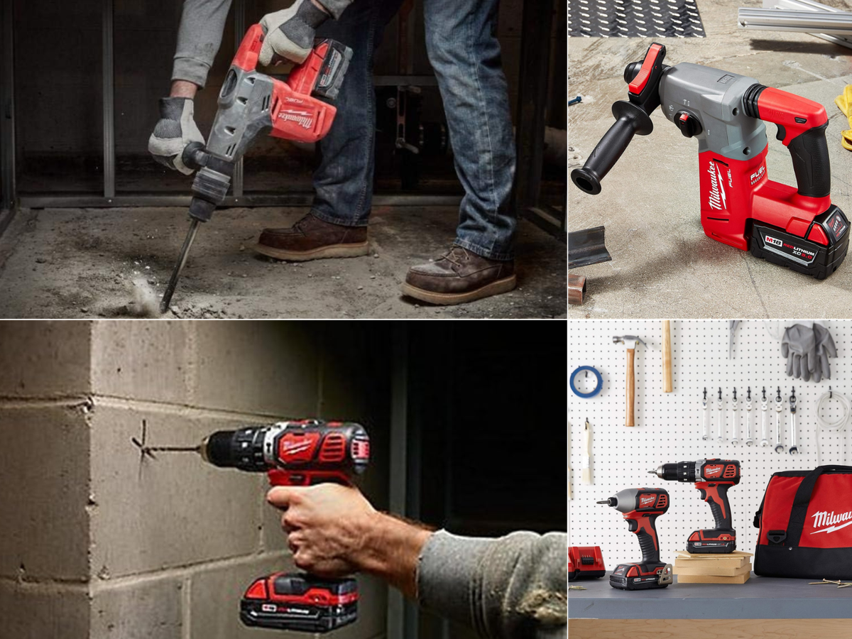 A man breaking concrete with a SDS Max, drilling a hole in a block wall, SDS Plus on the floor, and the combo kit on a bench.