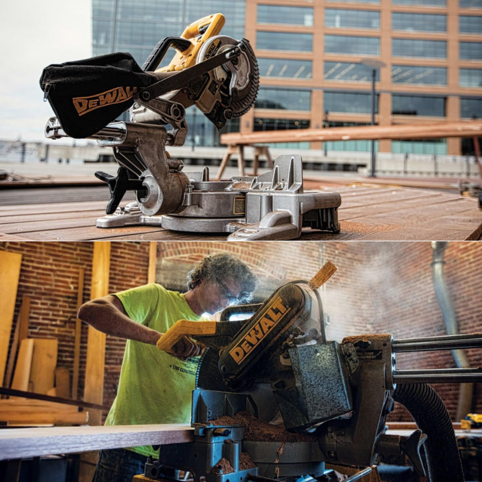 A DeWalt miter sitting on a deck, and a man using a cordless sliding miter saw on a job site.