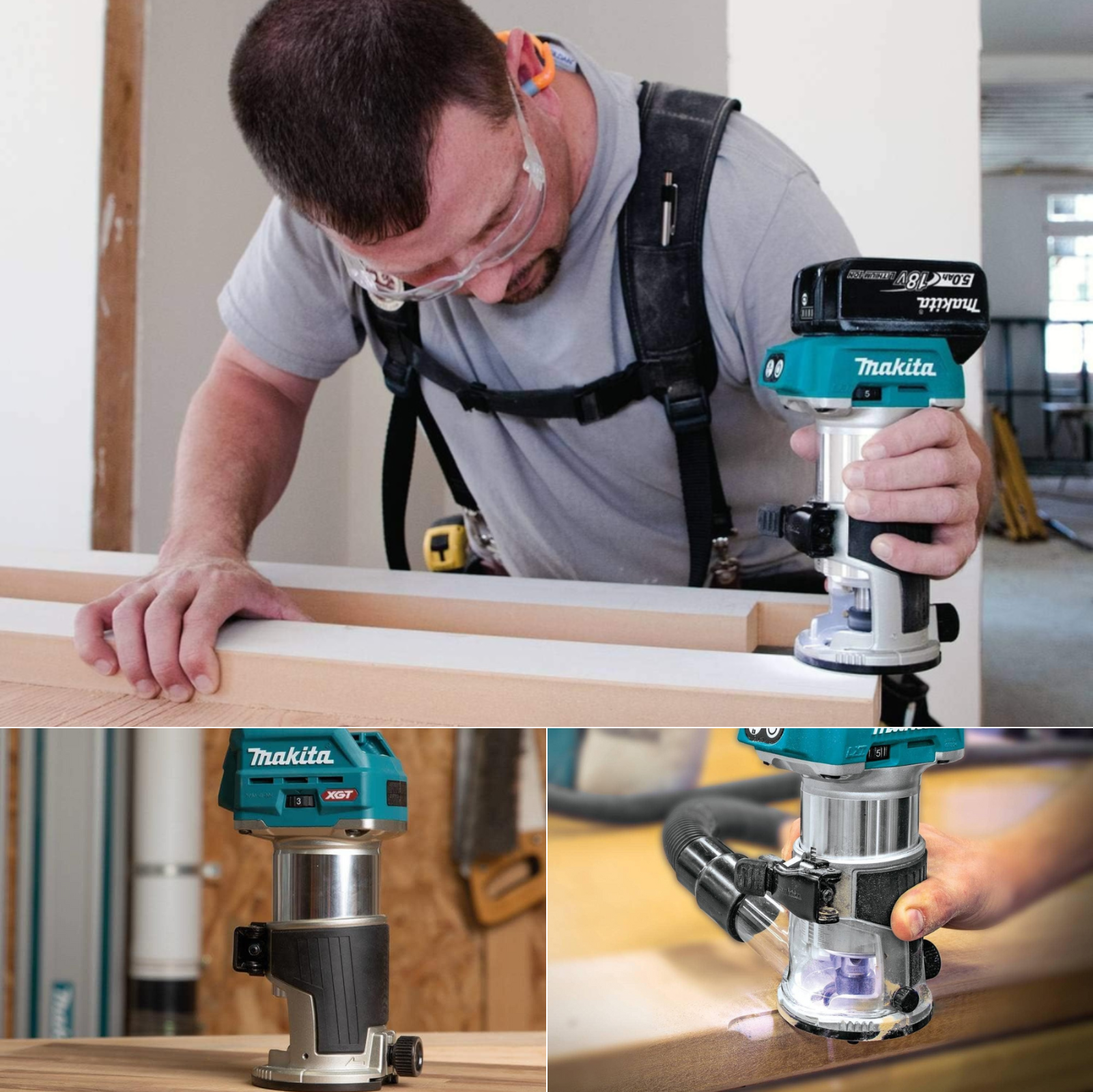 A man routing a board, a Makita router on a wood work table, and a man cutting a recess in a piece of wood.