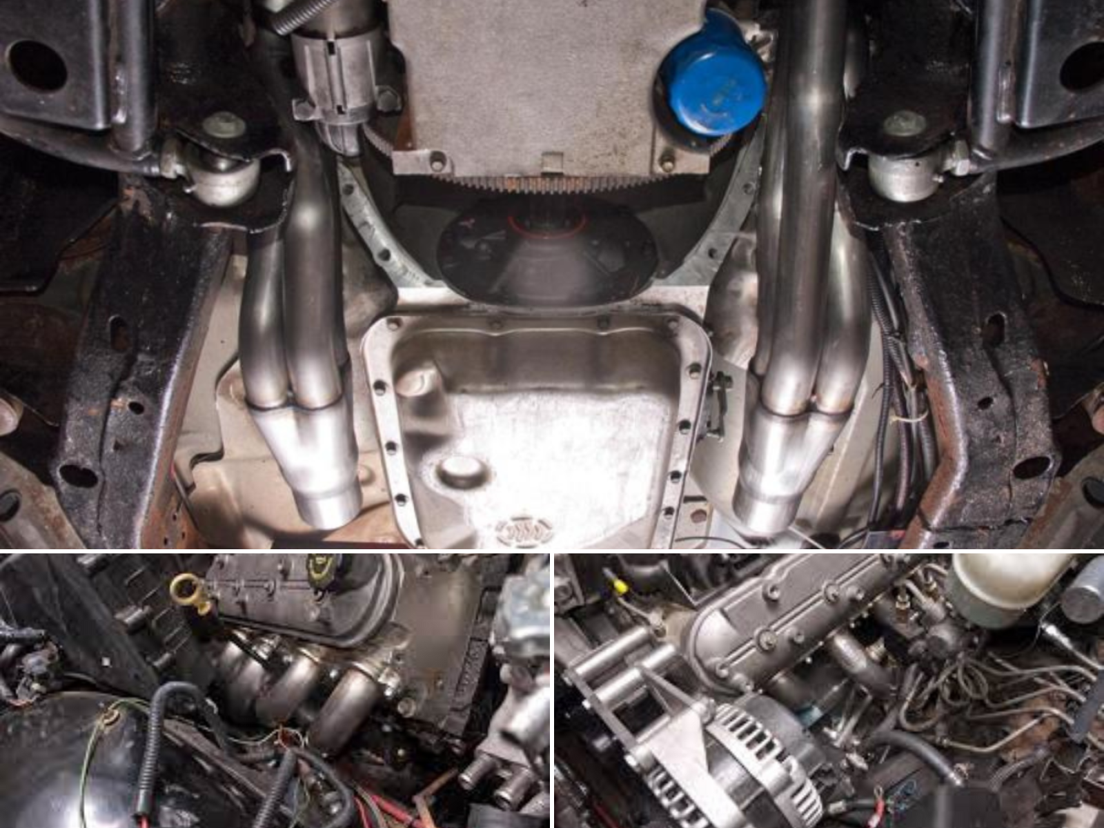 A LS installed in a S10 with long tube headers shown from both sides and the bottom.