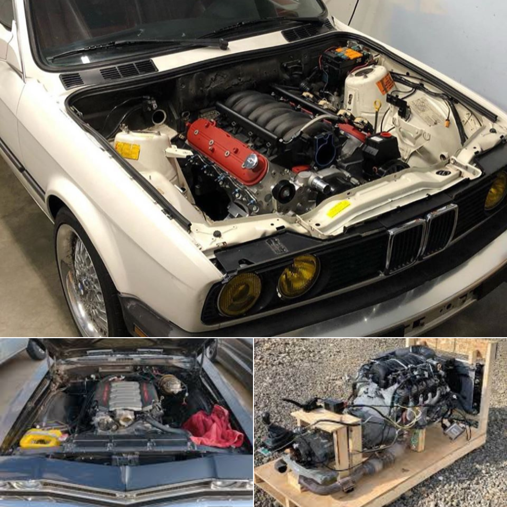 A BMW/LS resto mod, a LS in a 69 Chevelle, and a wooden engine break-in stand with a LS/trans set to run.