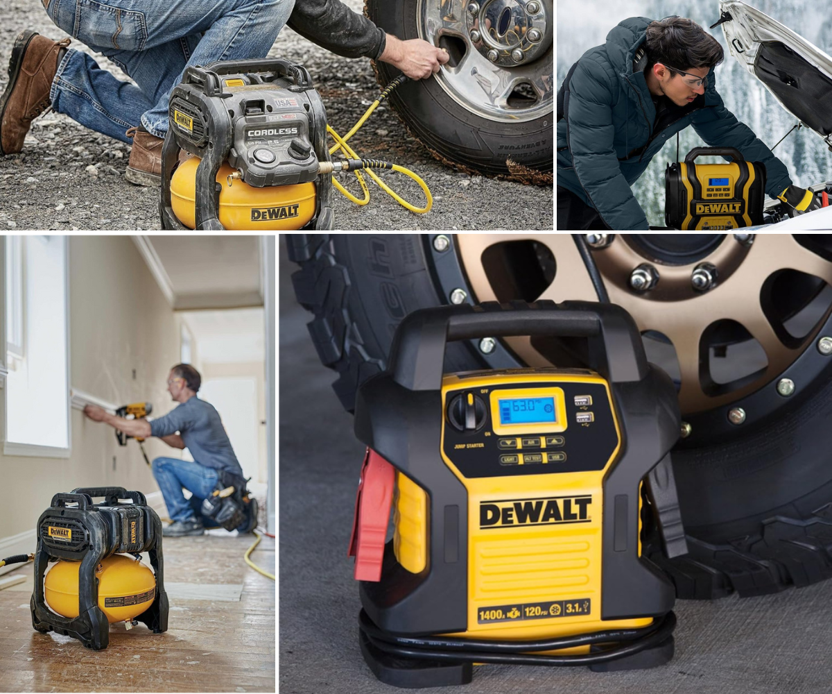 A DeWalt compressor running a nail gun, airing up a tires, and jump starting a car.