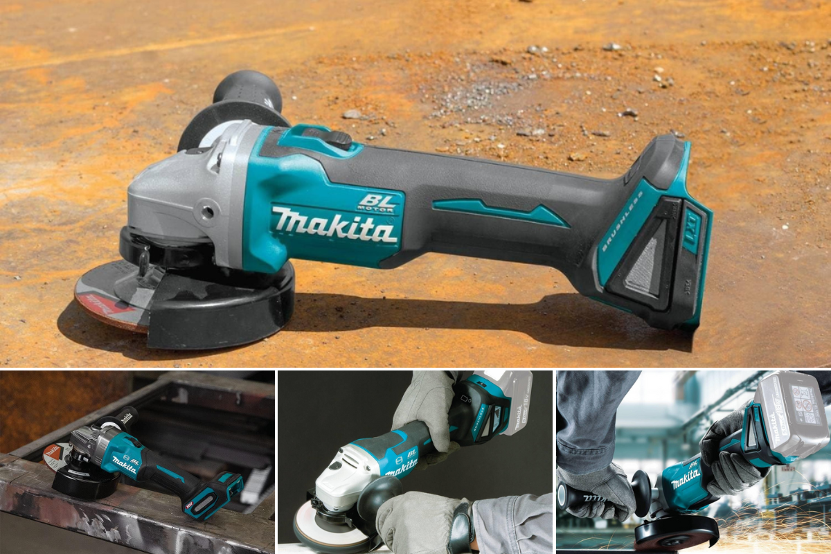 A Makita grinder sitting on a rusty table, men grinding steel and polishing granite, and a cordless grinder sitting on steel.