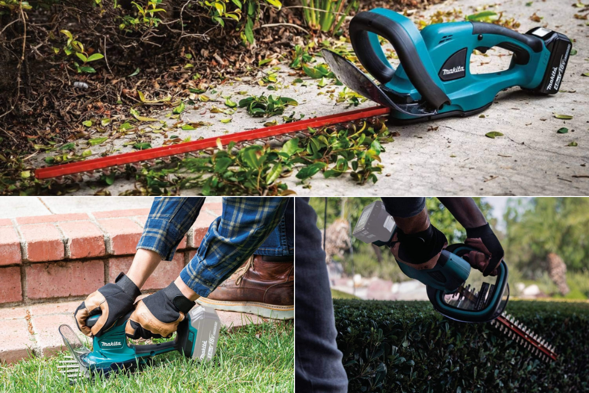 Men using a hedge trimmer and grass clipper/trimmer, and a Makita 18V long bar trimmer sitting next to its work.