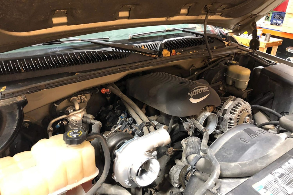 A turbo without air inlet piping on a LS Chevy truck.