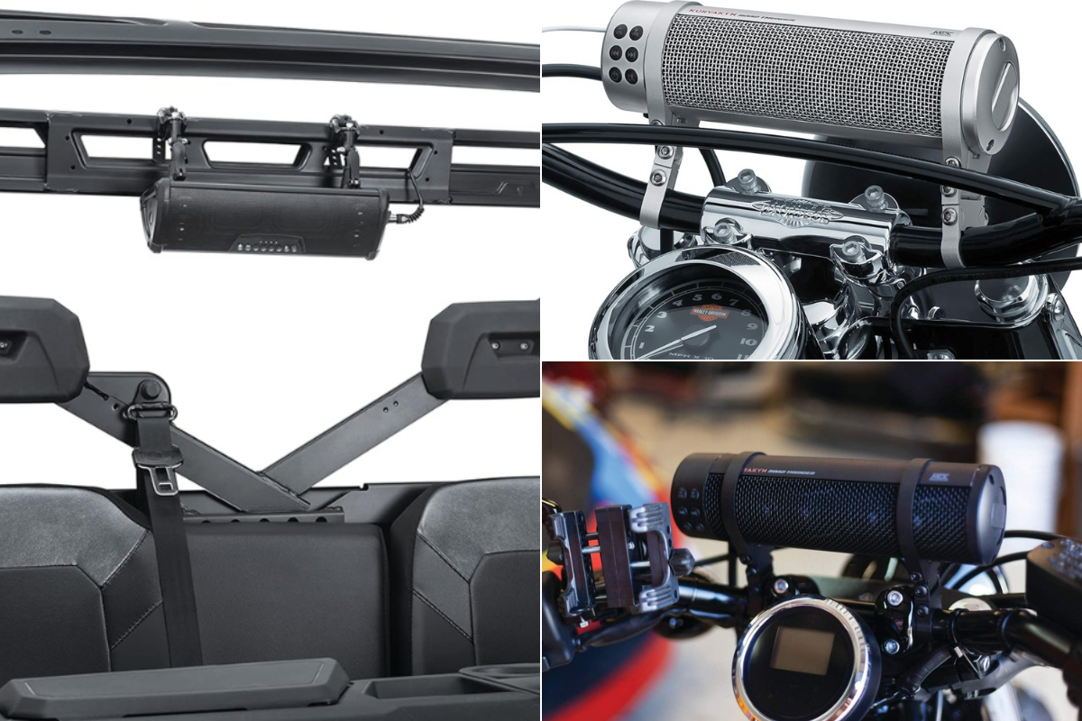 A sound bar mounted on an ATV roll bar, a silver and a black sound bar mounted on Harley handlebars.