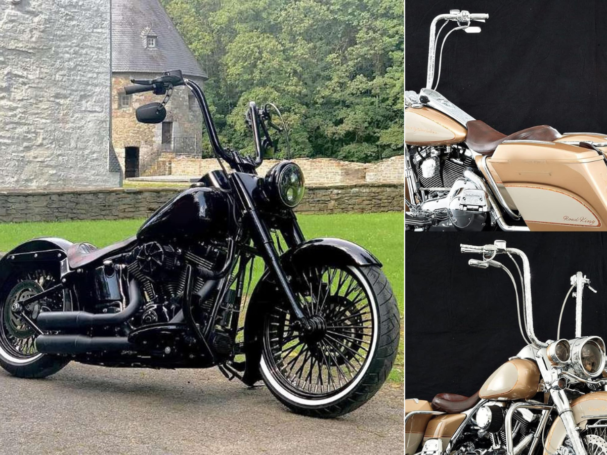 A black Harley with black underslung mirrors, a gold Harley with chrome oval underneath mirrors from 2 views.