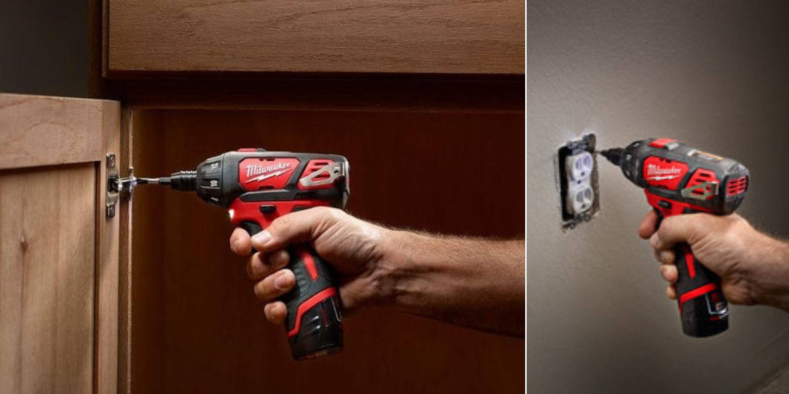 A man fixing a cabinet door hinge and another installing an electric receptacle with Milwaukee cordless screwdrivers