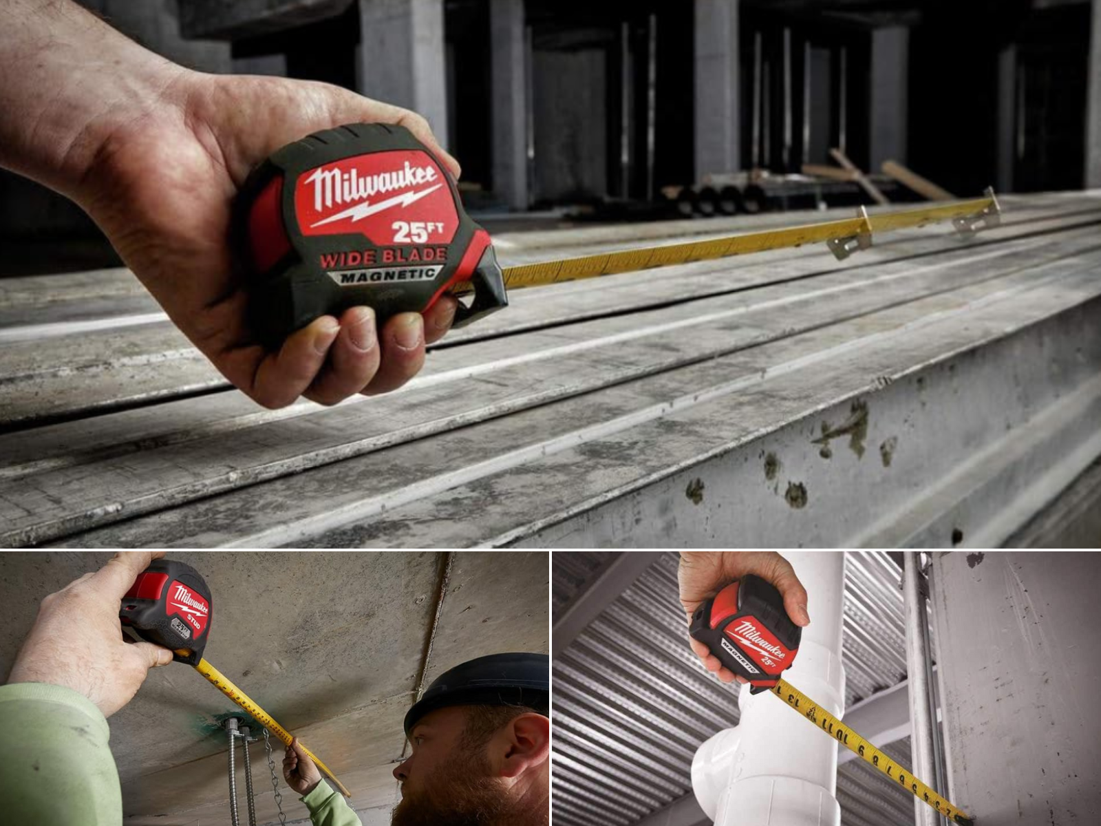 3 pictures of men using tape measures made by Milwaukee Tools