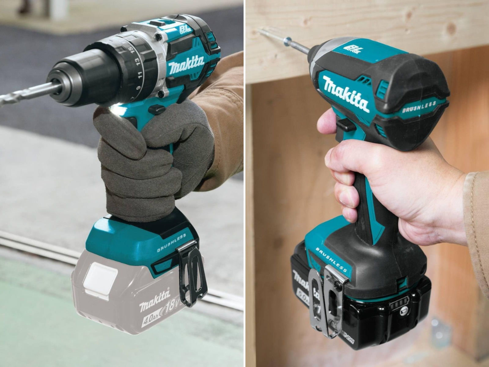 A man using a Makita drill as a drill, and another man using the  cordless drill as a screwdriver.