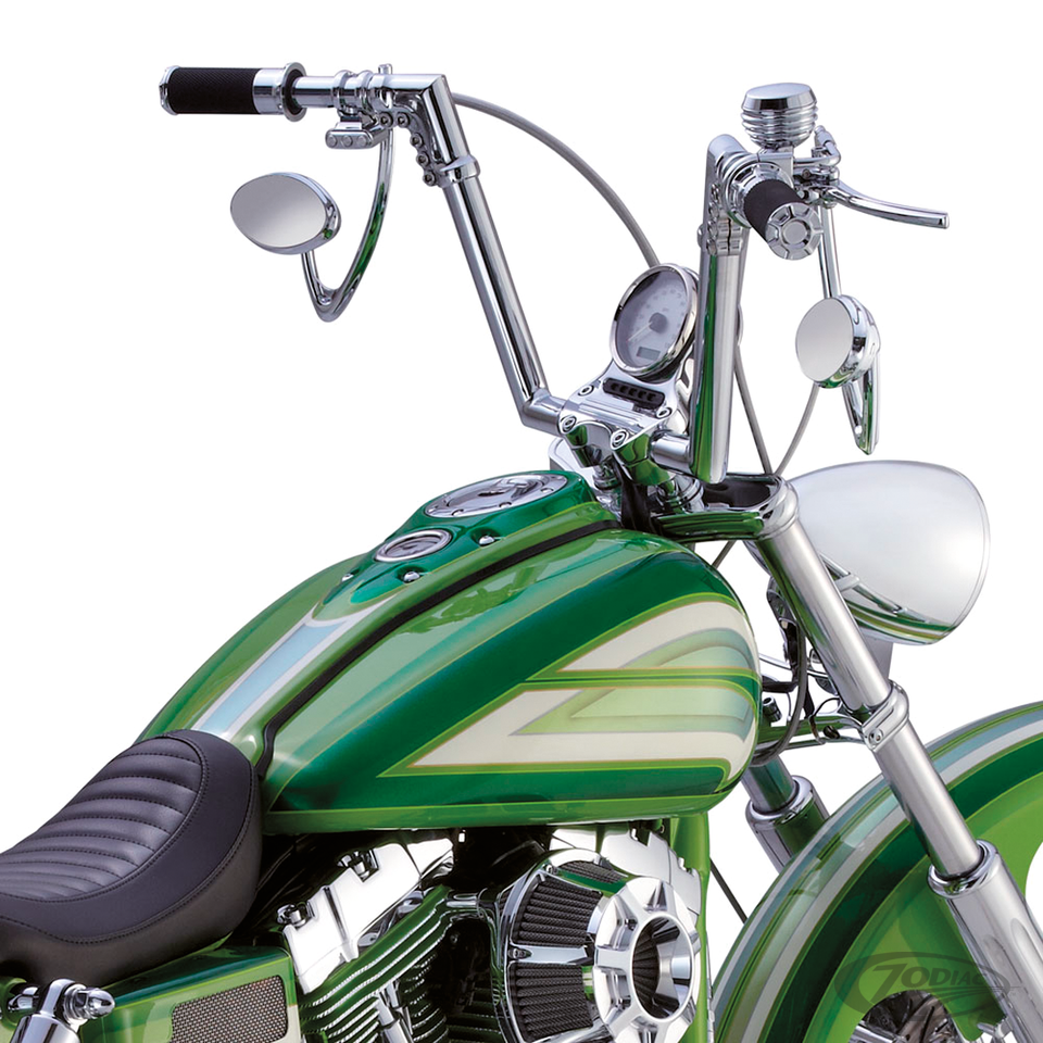 Chrome bars from Arlen Ness on a green custom Harley Davidson