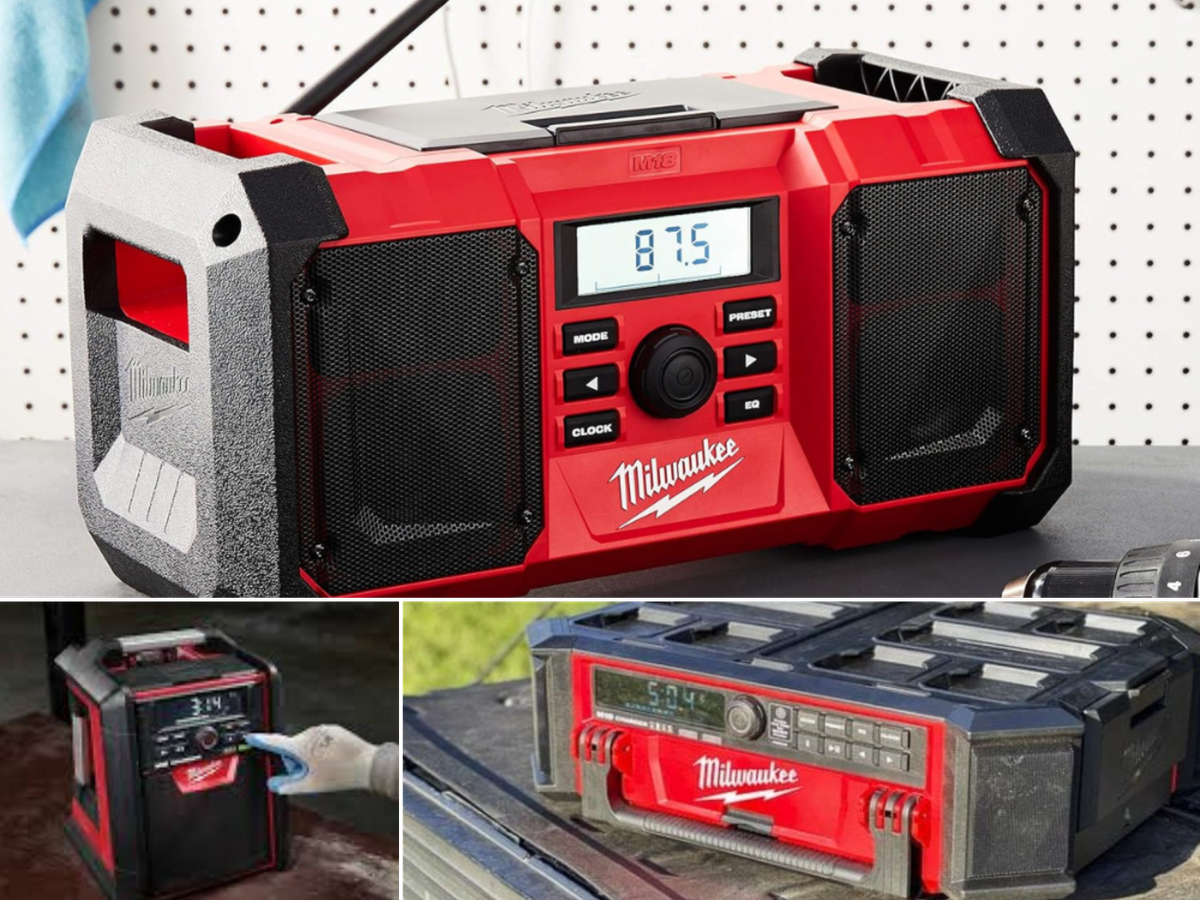 3 versions of the M18 radio from Milwaukee, 1 on a jobsite, 1 on a workbench, and 1 on a truck tailgate.