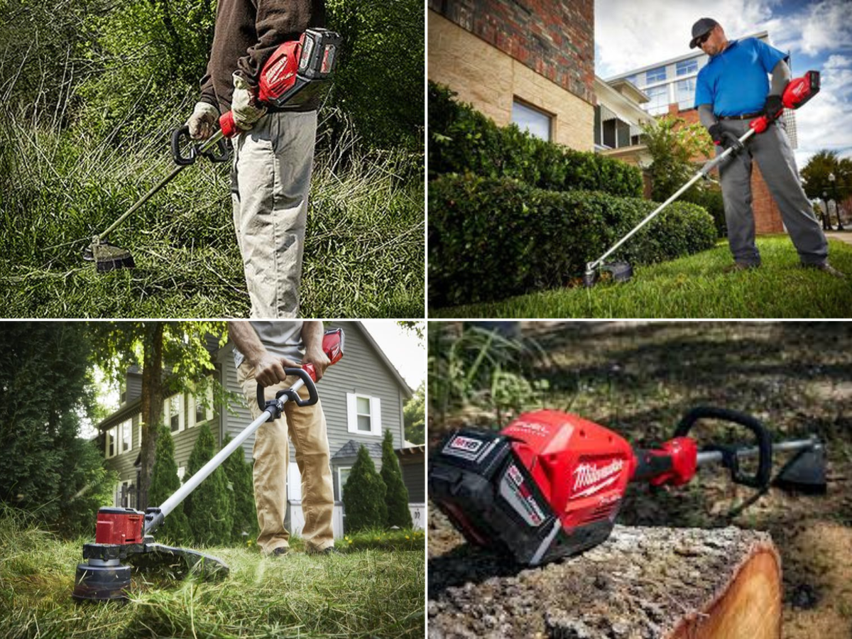 3 pictures of men using string trimmers, and a Milwaukee trimmer sitting on a cutdown tree.