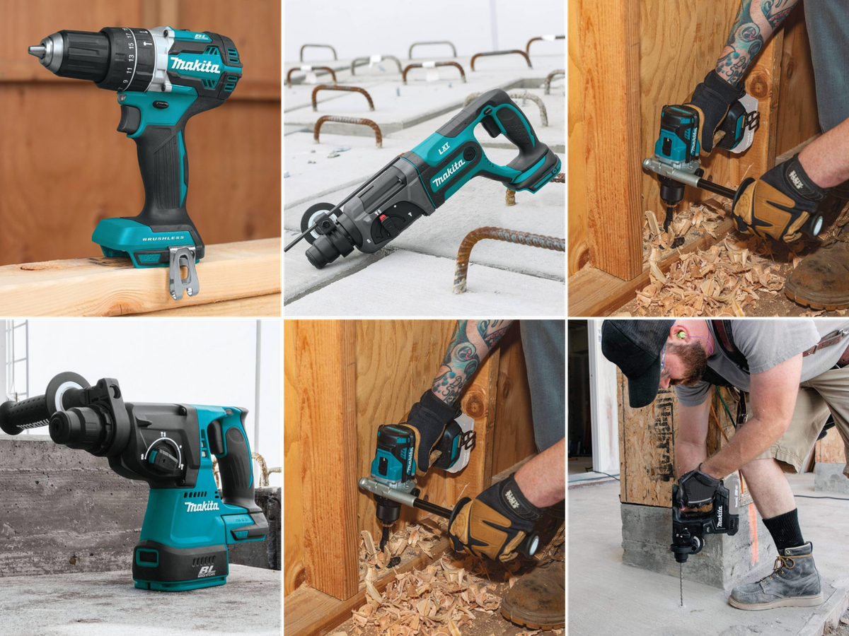 6 different hammer drills, some being used, others sitting in construction materials