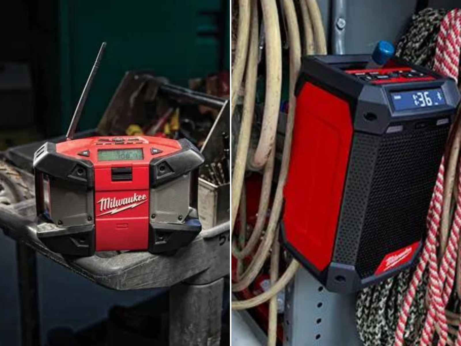 A large M12 radio on a cart and a smaller Milwaukee cordless radio hanging on the end of a metal shelf.