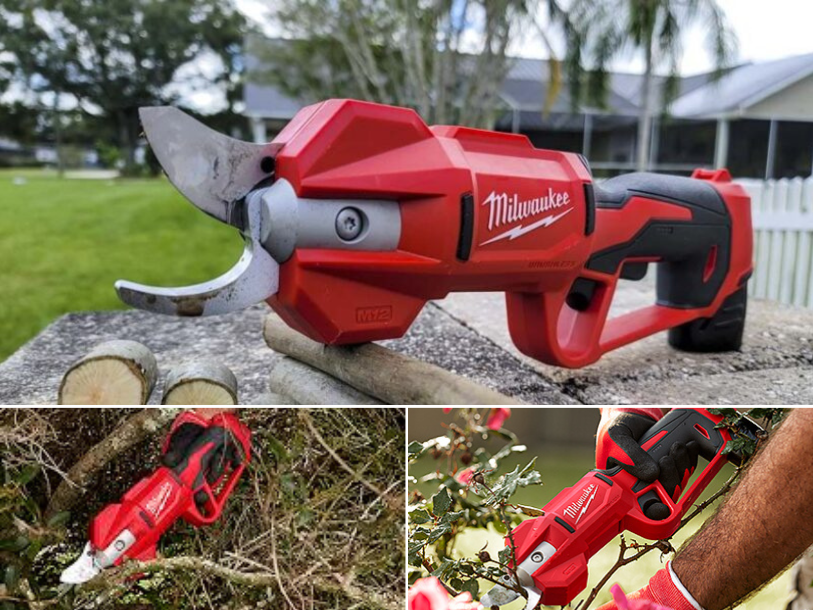 Cordless pruning shears cutting tree branches, a rose bush, and sitting on pieces of wood that it has cut.