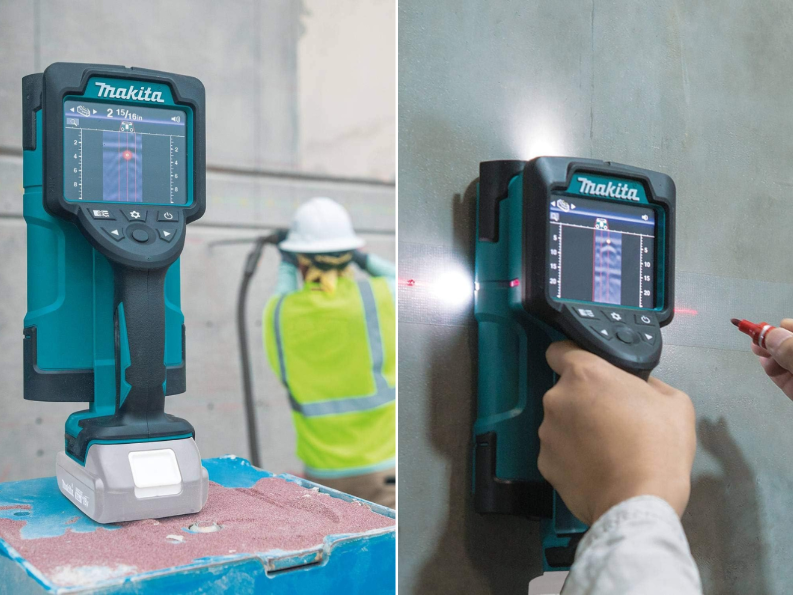 A concrete scanner sitting on a box with man drilling in background, and a man using a scanner.