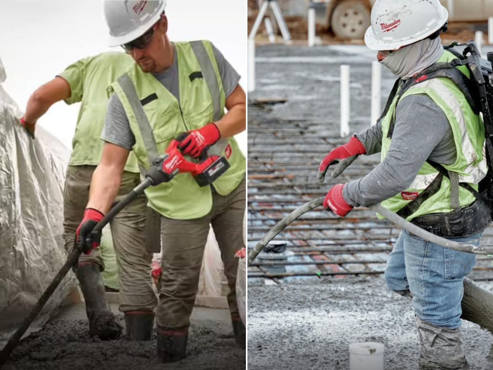 A man using a cordless vibrator in shin deep concrete, and a man using a cordless backpack vibrator pouring a large slab