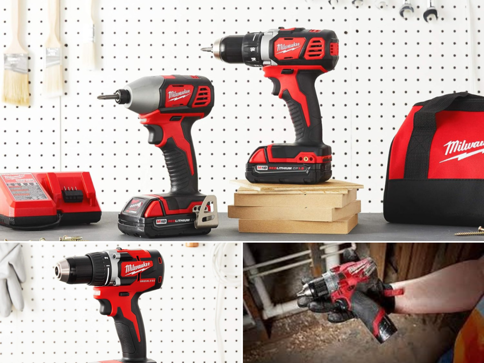 A bare M18 drill, a M18 drill/impact combo, and a man holding a M12 cordless drill