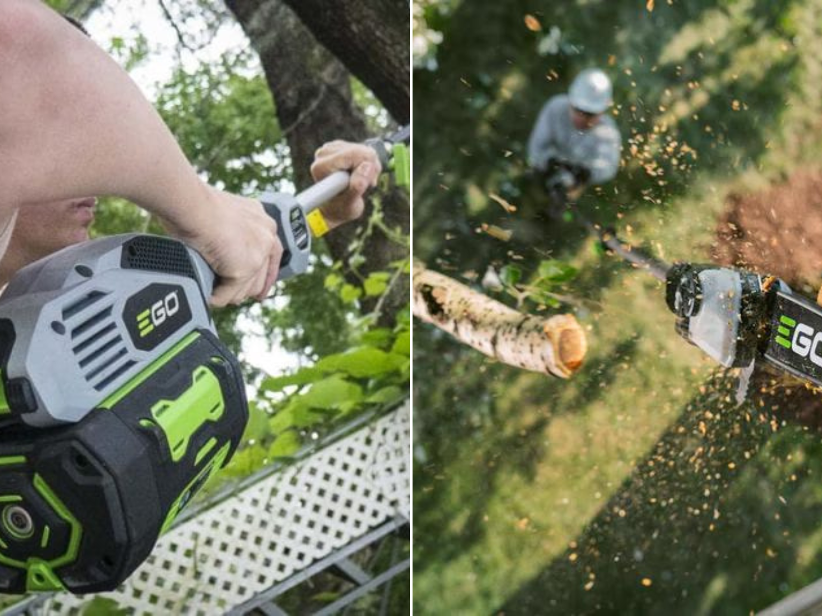 A ground view of a man using a pole saw and a above the saw view of the EGO in action.