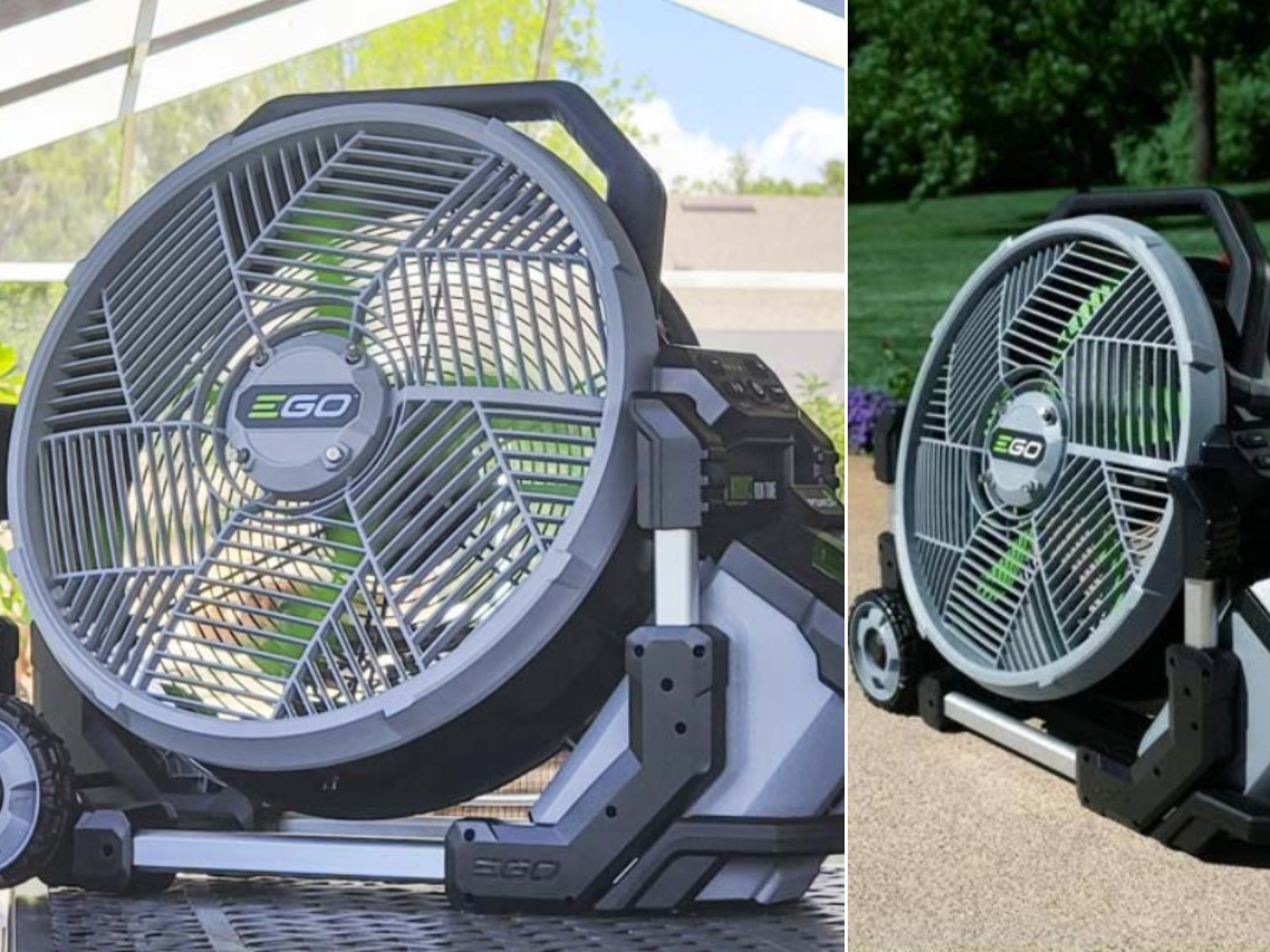An EGO turbo fan with misting sitting on a table in a greenhouse and outside on a concrete porch.