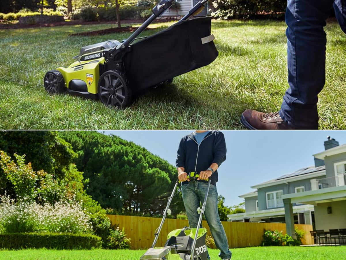 2 pictures of men using Ryobi cordless lawnmowers.