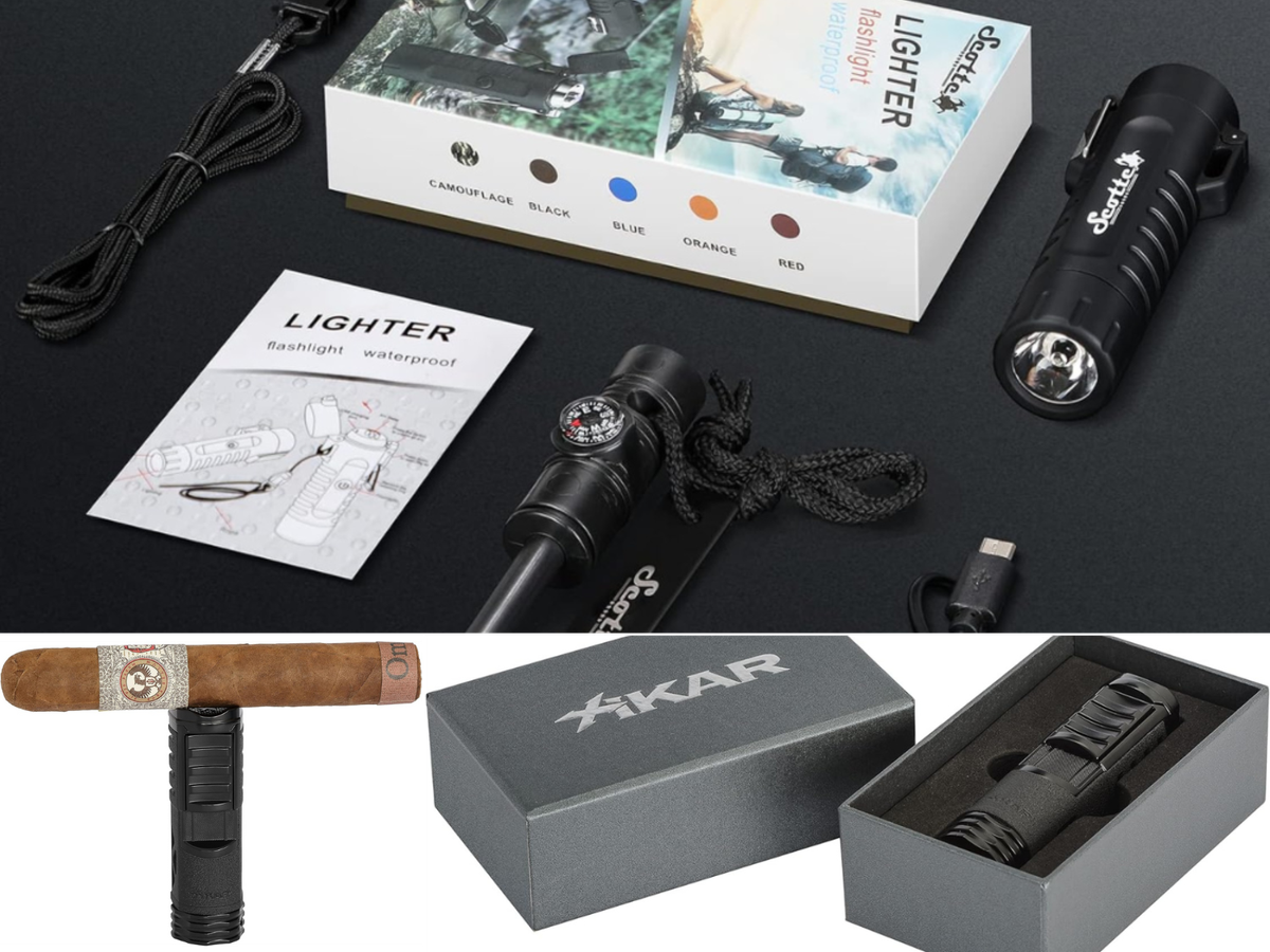 A windproof lighter with accessories, another standing on the end with a cigar, and a lighter in a gift box.