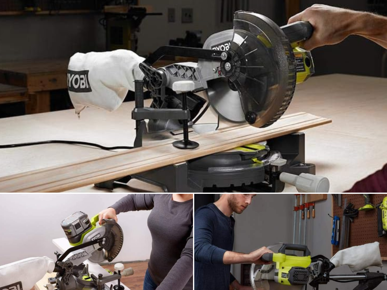 3 miter saws being used in cutting wood trim.