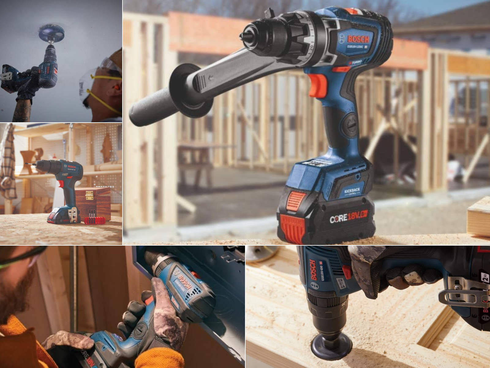 Bosch drills using hole saws, sitting on a workbench, and another sitting on wood at a jobsite.