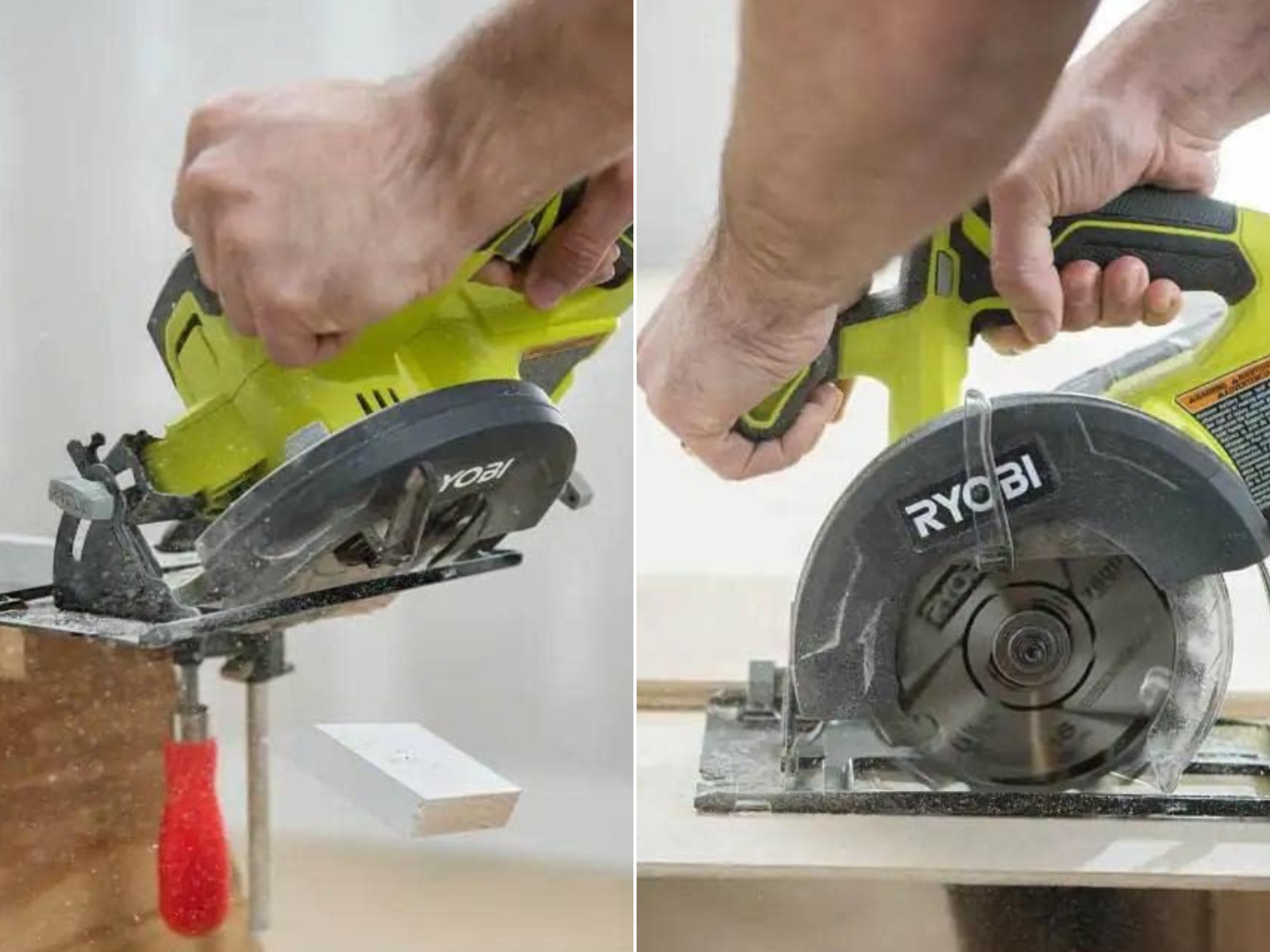 A Ryobi saw cutting an angle cut, and another saw making a plunge cut.