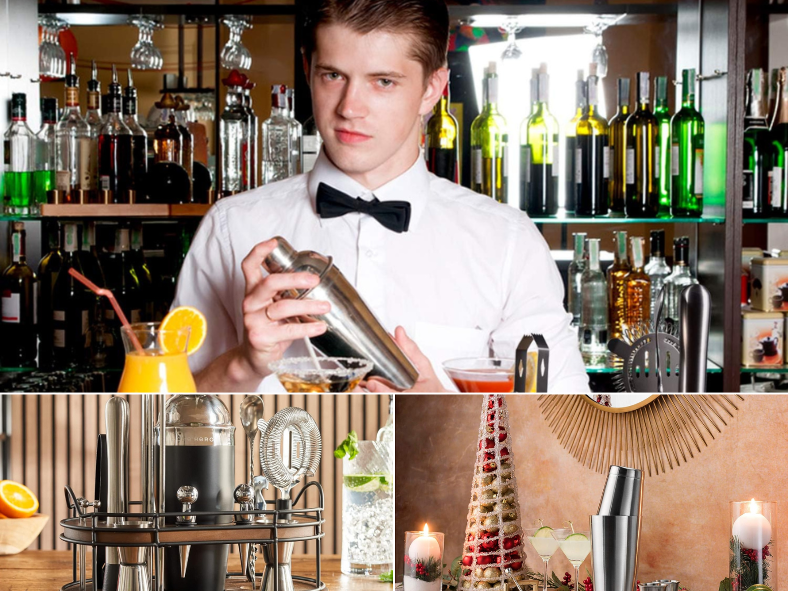 A bartender tool kit sitting on a table with a drink, another sitting on a table, and a Man behind a bar mixing a drink.