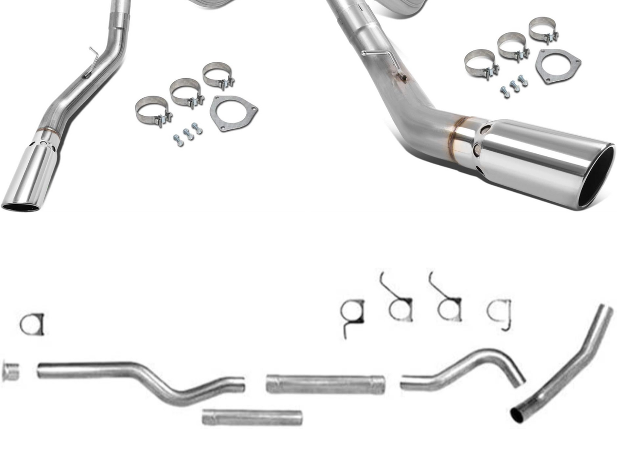 An exhaust with straight tip, with slanted tip, and a complete Duramax exhaust without a muffler.
