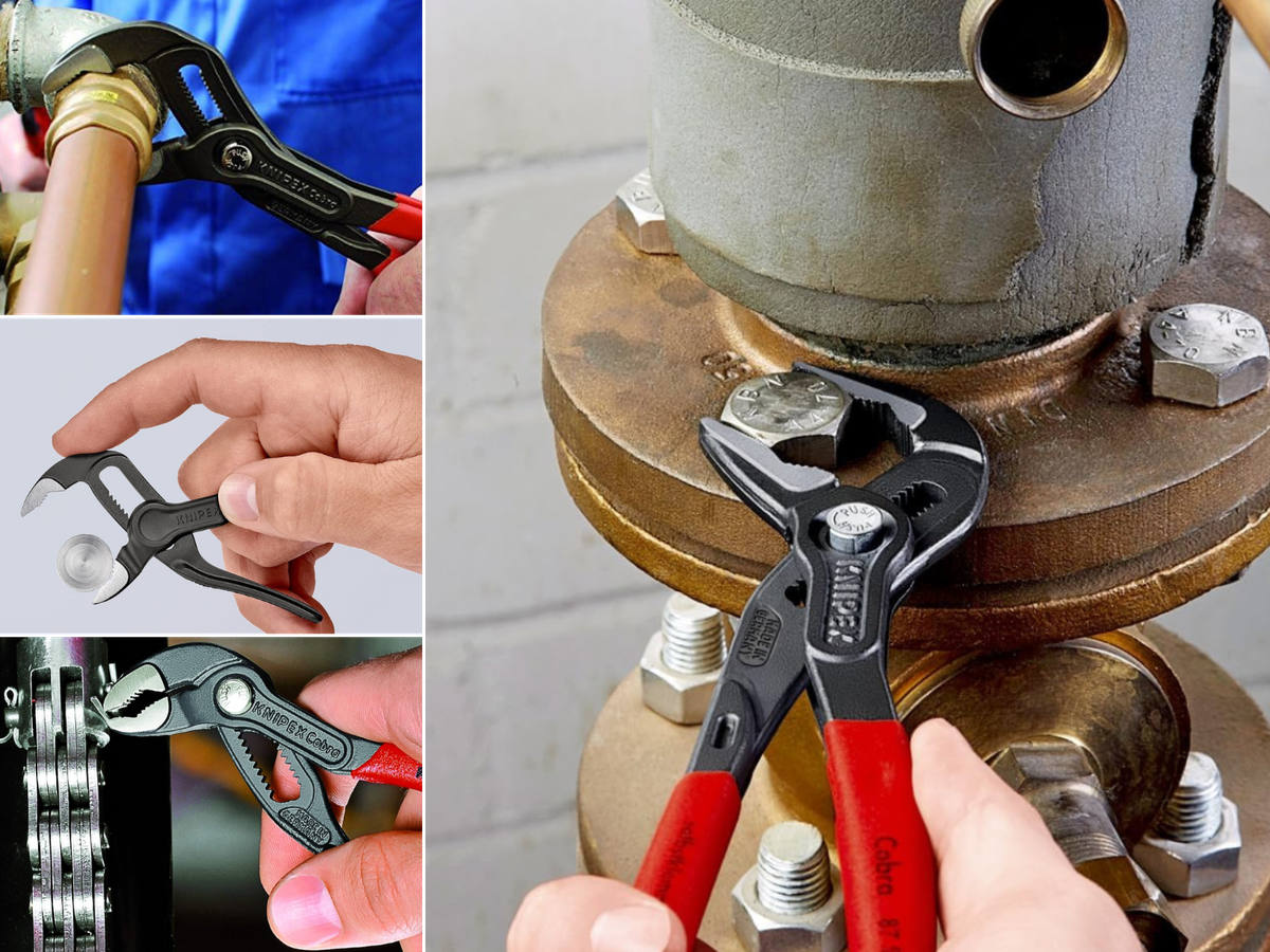 Knipex pliers in 4 sizes being used for various tasks.