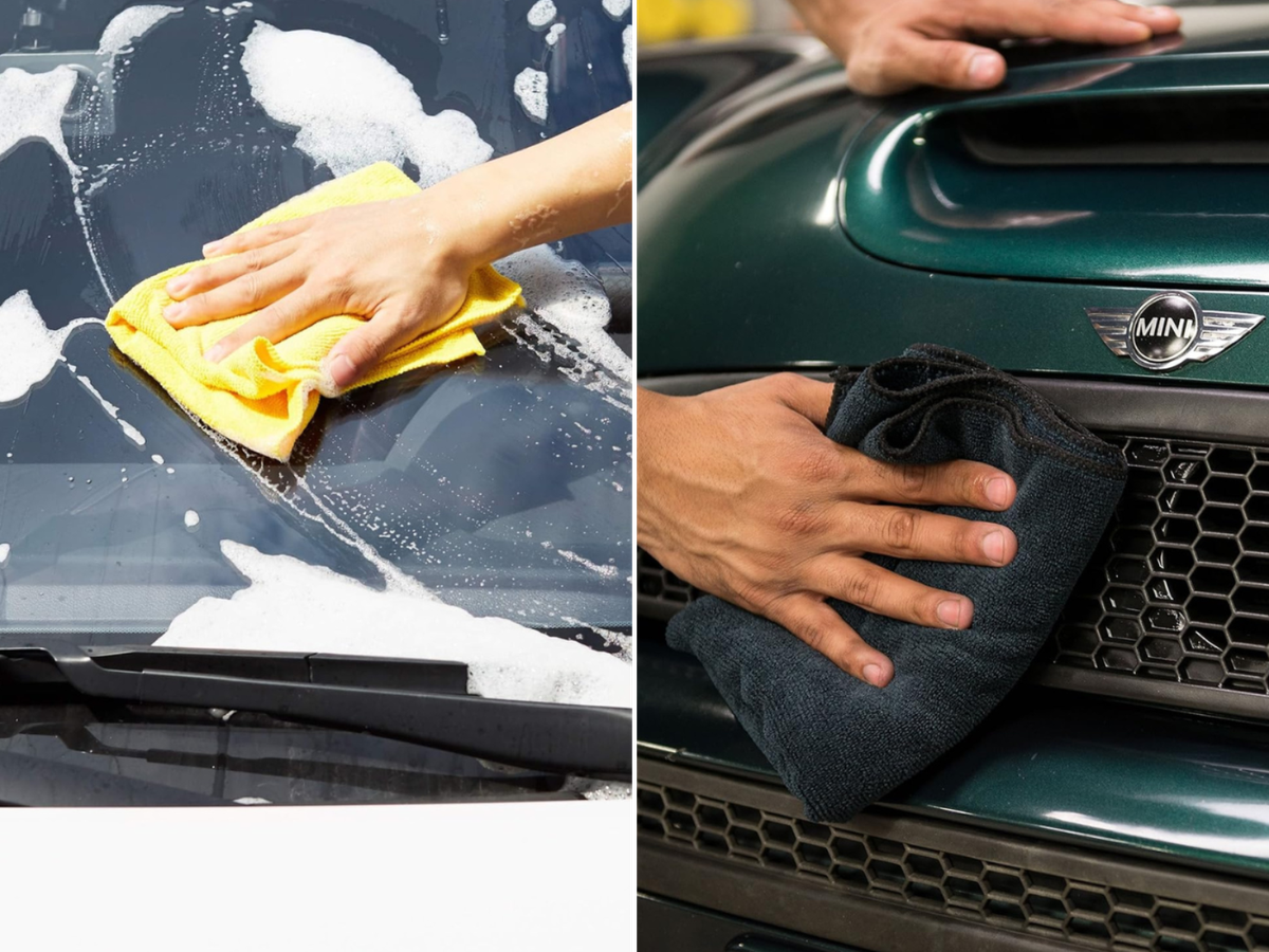 A man washing a white car, and a man polishing a green Mini Cooper with a microfiber cloth.