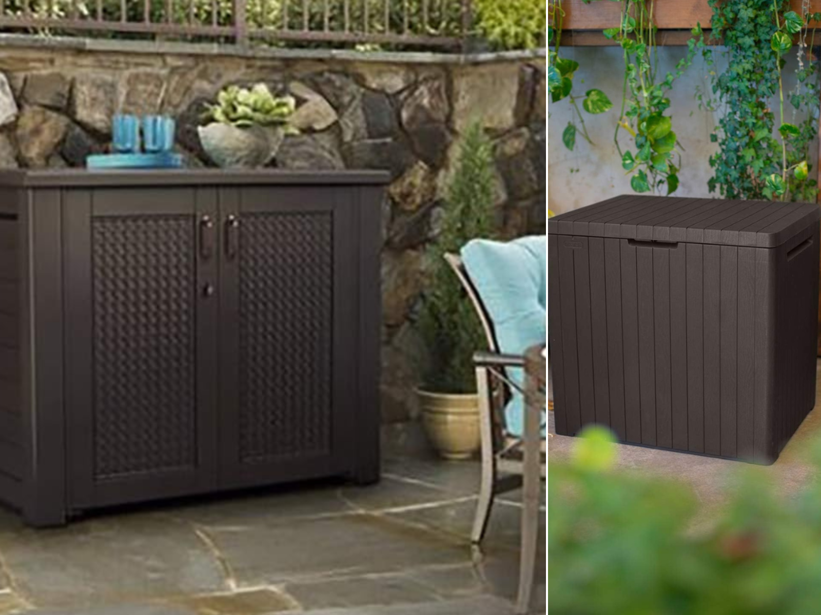 A large pool storage cabinet on a deck next to a table and chairs, and a small storage cabinet on the concrete.