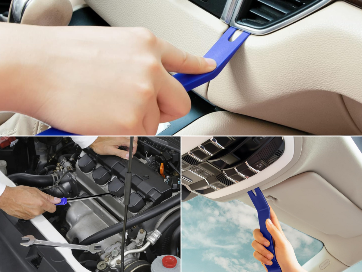 A tool being used to remove a spark plug cover, another a dash panel, and another on the sunroof panel