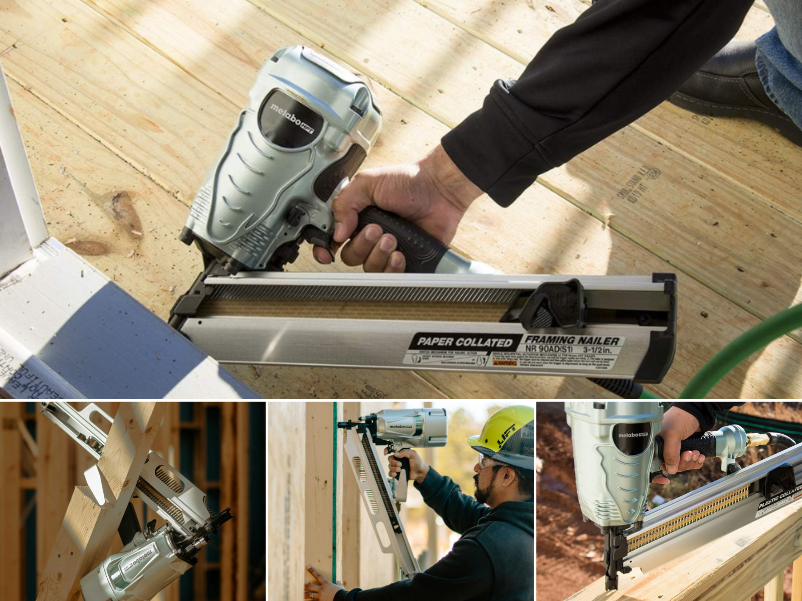 4 different nail guns being used or shown in a construction setting.