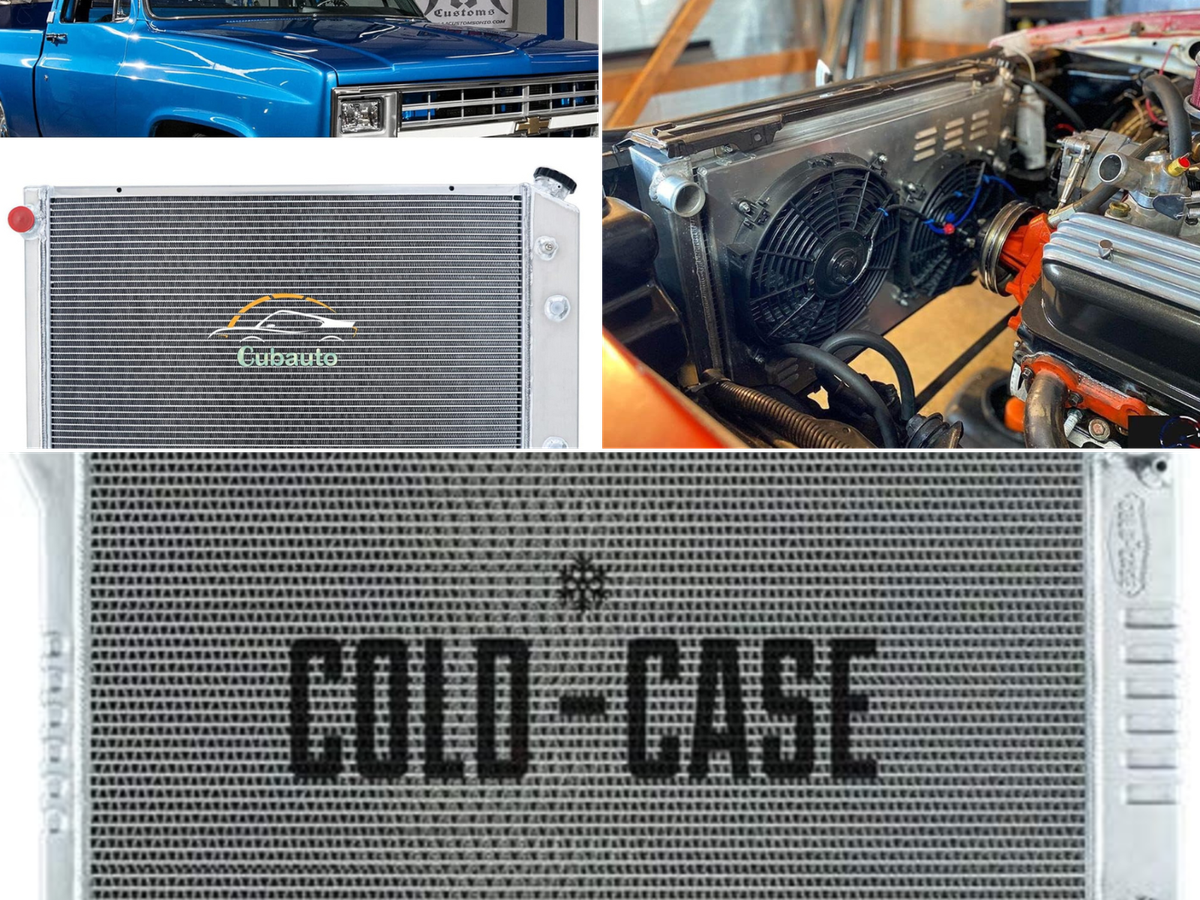 An up-close of a Cold Case radiator, a LS radiator in a C10, and an up-close and picture of a blue swapped C10.