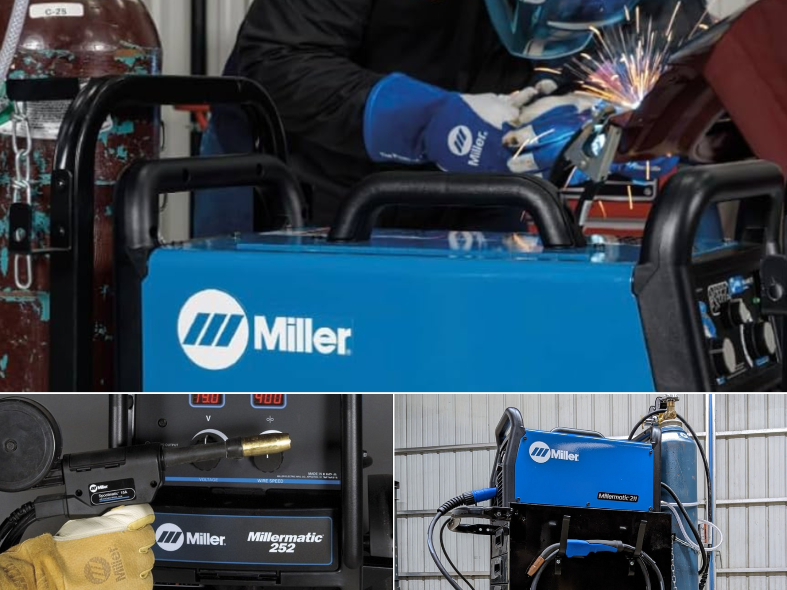 Three different Miller welders, MIG machine w/flux, MIG machine w/solid core, and a spool gun on a Millermatic 252