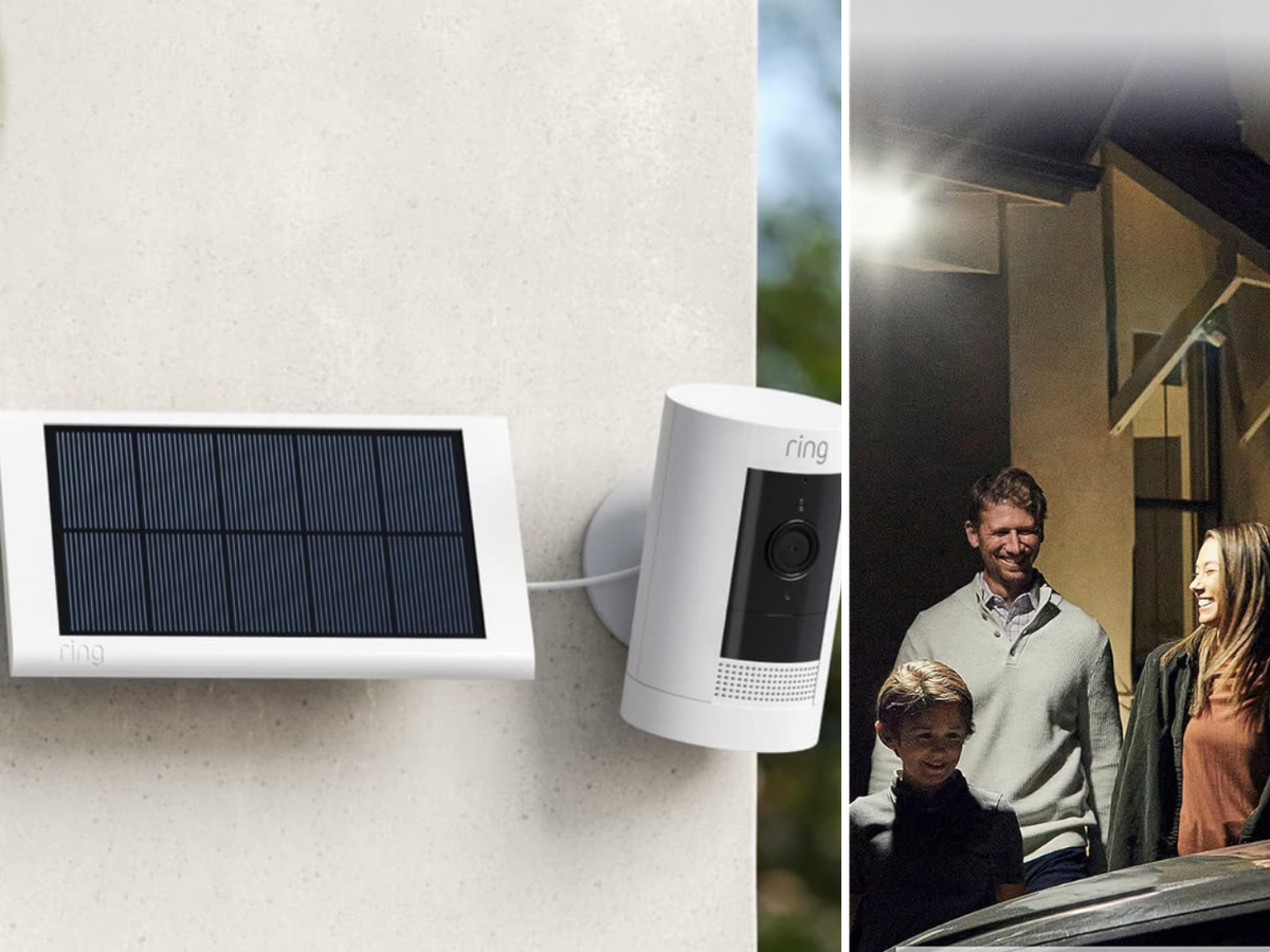 A solar powered Ring camera on a house, and a family under the night light of a video camera.