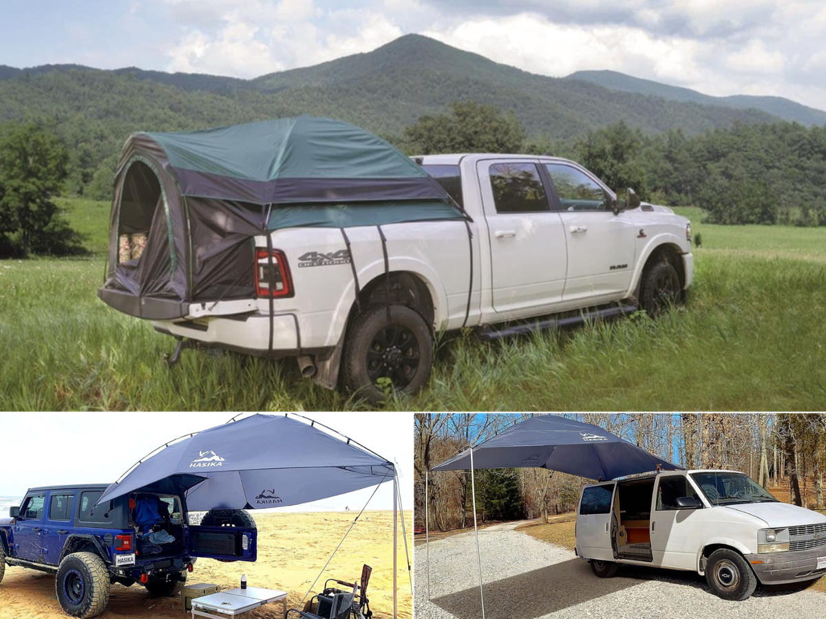 A tent in a pickup truck bed, a tent on the back of a Jeep, and a tent off the side of a van.